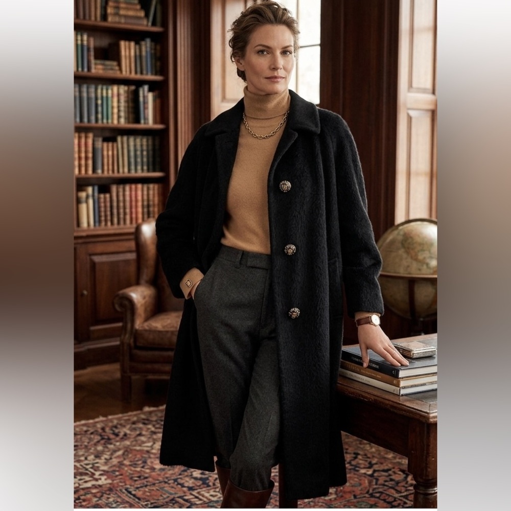 Vintage 60s 100% Cashmere Black‎ Swing Coat Union Made USA Women's Size Large